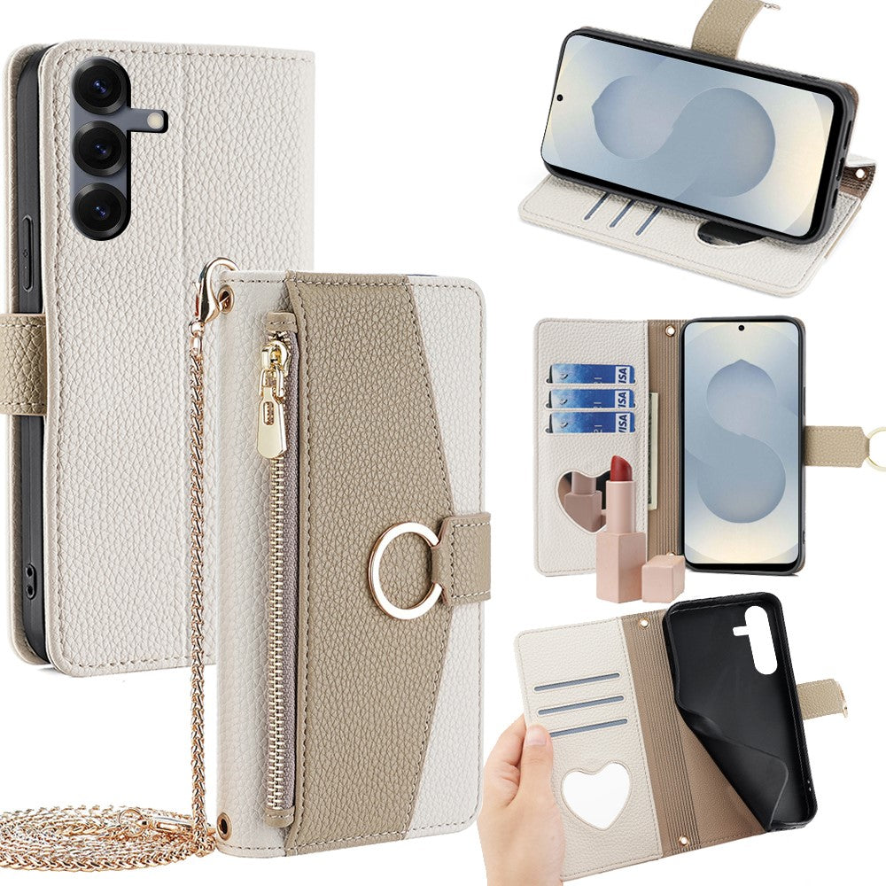 Galaxy S25 Plus Wallet-Hülle – Litschi-Textur, mit Spiegel & Kettenschultergurt