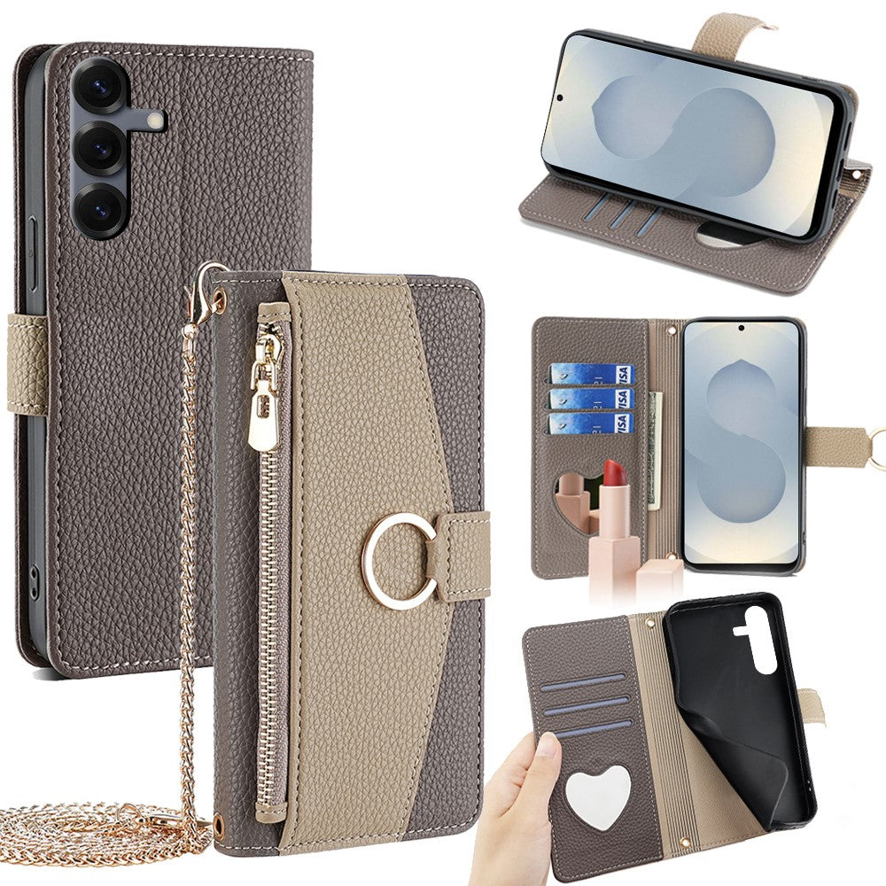 Galaxy S25 Plus Wallet-Hülle – Litschi-Textur, mit Spiegel & Kettenschultergurt