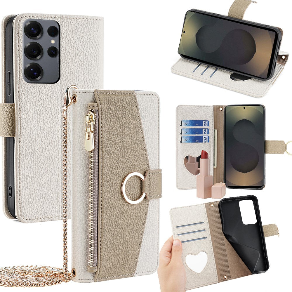 Galaxy S25 Ultra Wallet-Hülle – Litschi-Textur, mit Spiegel & Kettenschultergurt
