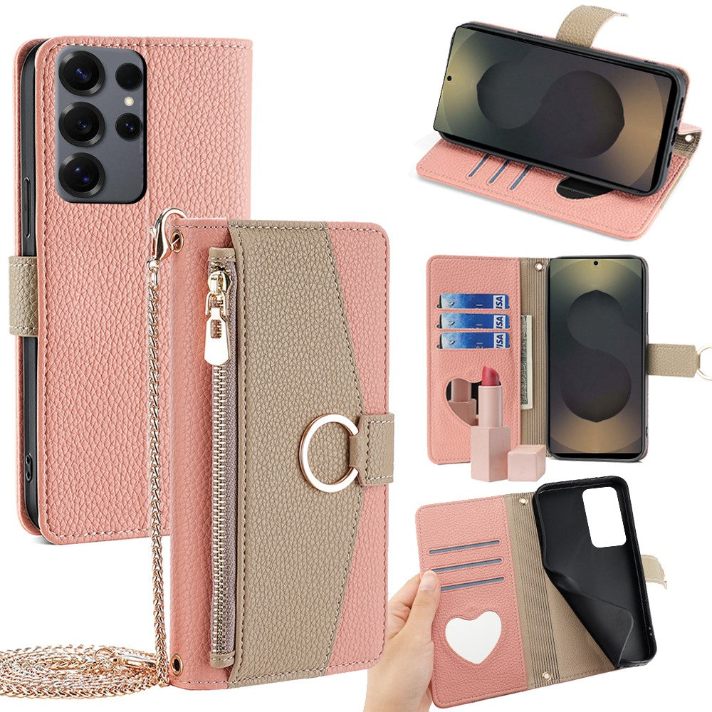 Galaxy S25 Ultra Wallet-Hülle – Litschi-Textur, mit Spiegel & Kettenschultergurt
