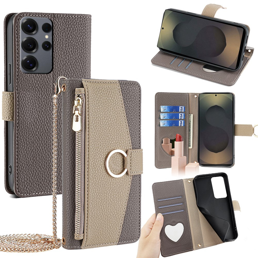 Galaxy S25 Ultra Wallet-Hülle – Litschi-Textur, mit Spiegel & Kettenschultergurt
