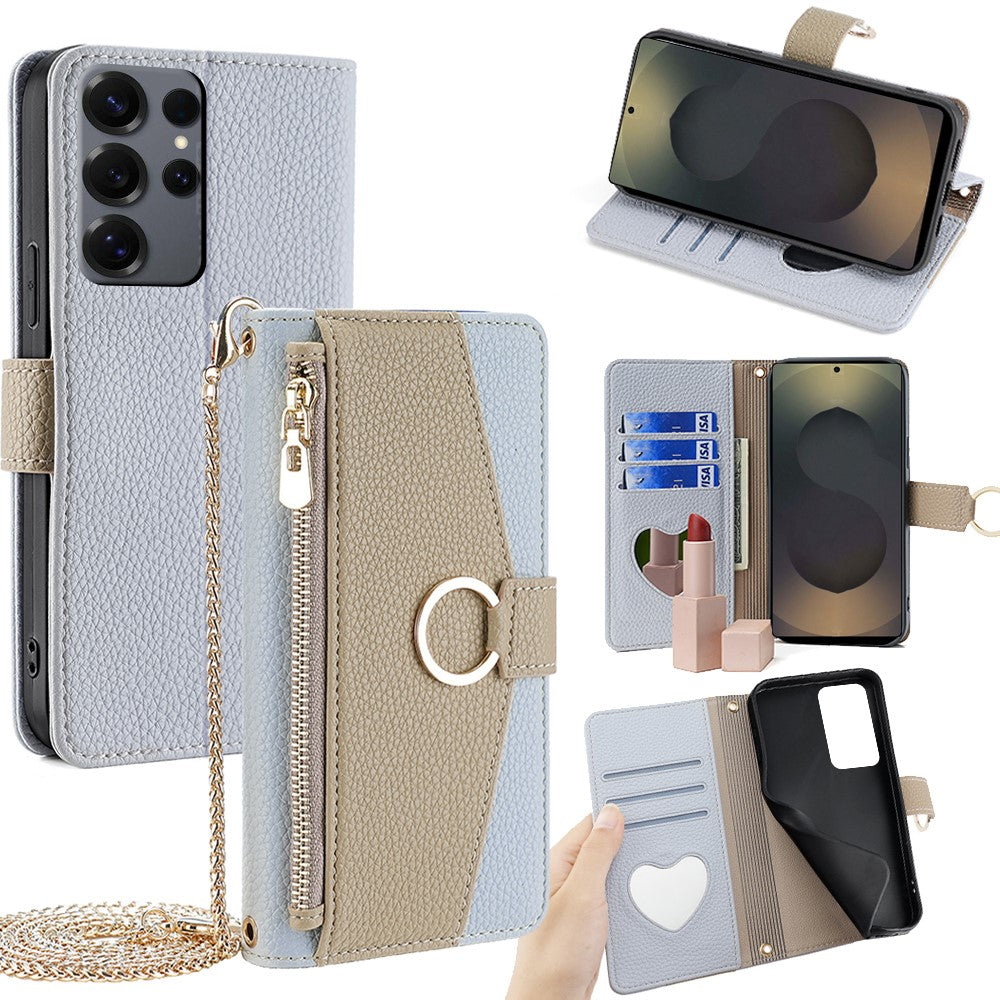 Galaxy S25 Ultra Wallet-Hülle – Litschi-Textur, mit Spiegel & Kettenschultergurt