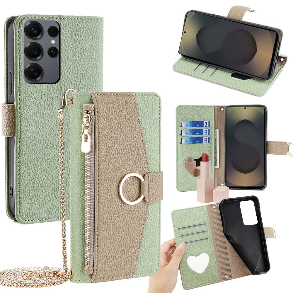 Galaxy S25 Ultra Wallet-Hülle – Litschi-Textur, mit Spiegel & Kettenschultergurt