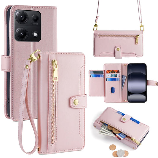 Xiaomi Redmi Note 14S 4G Handyhülle – Ledertasche mit Reißverschlusstasche und 2 Riemen