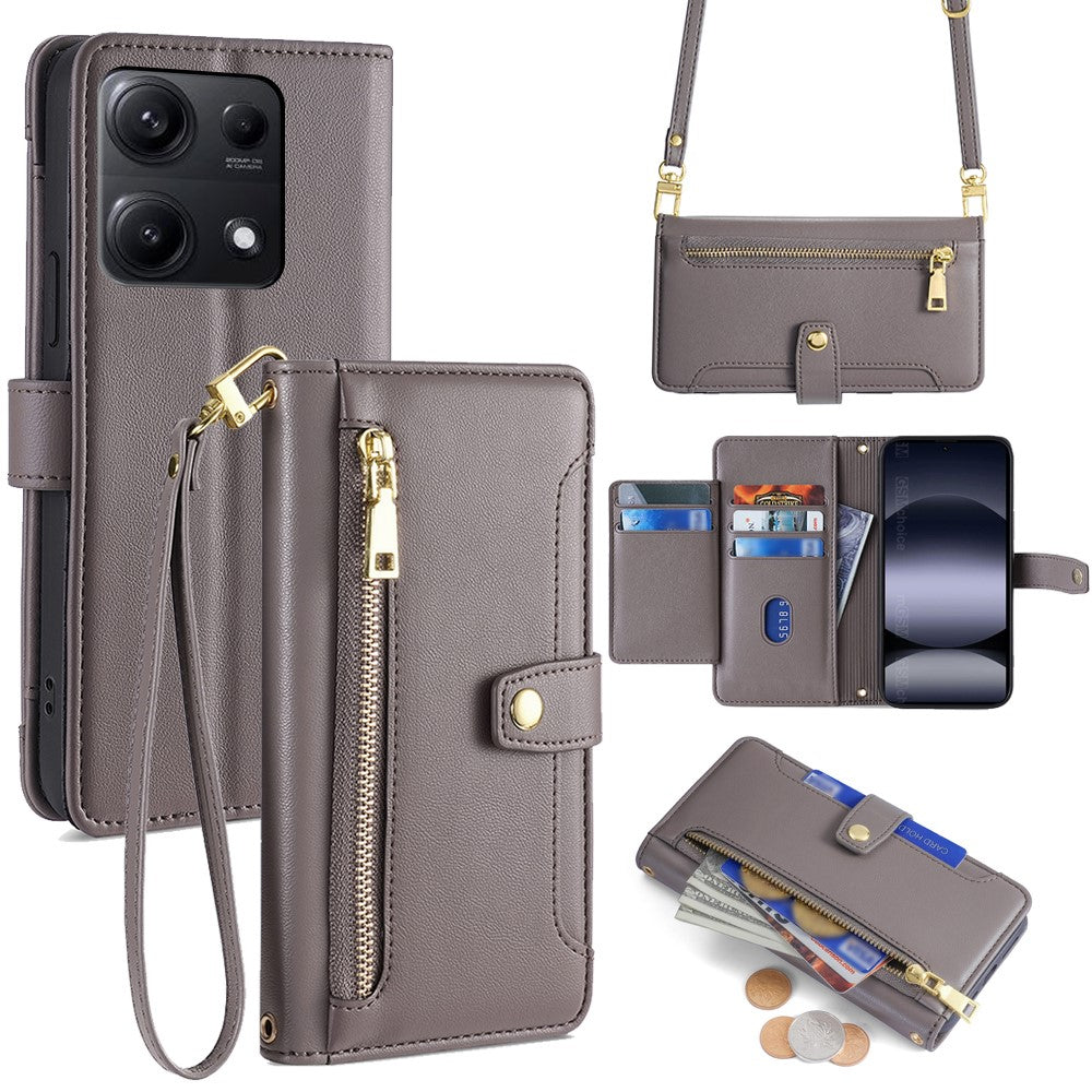 For Xiaomi Redmi Note 14S 4G Leather Case Zipper Pocket Wallet Phone Cover with 2 Straps