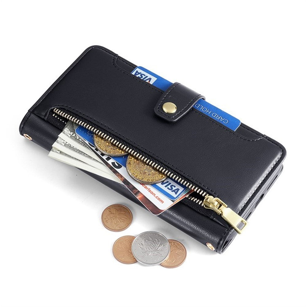 For Xiaomi Redmi Note 14S 4G Leather Case Zipper Pocket Wallet Phone Cover with 2 Straps