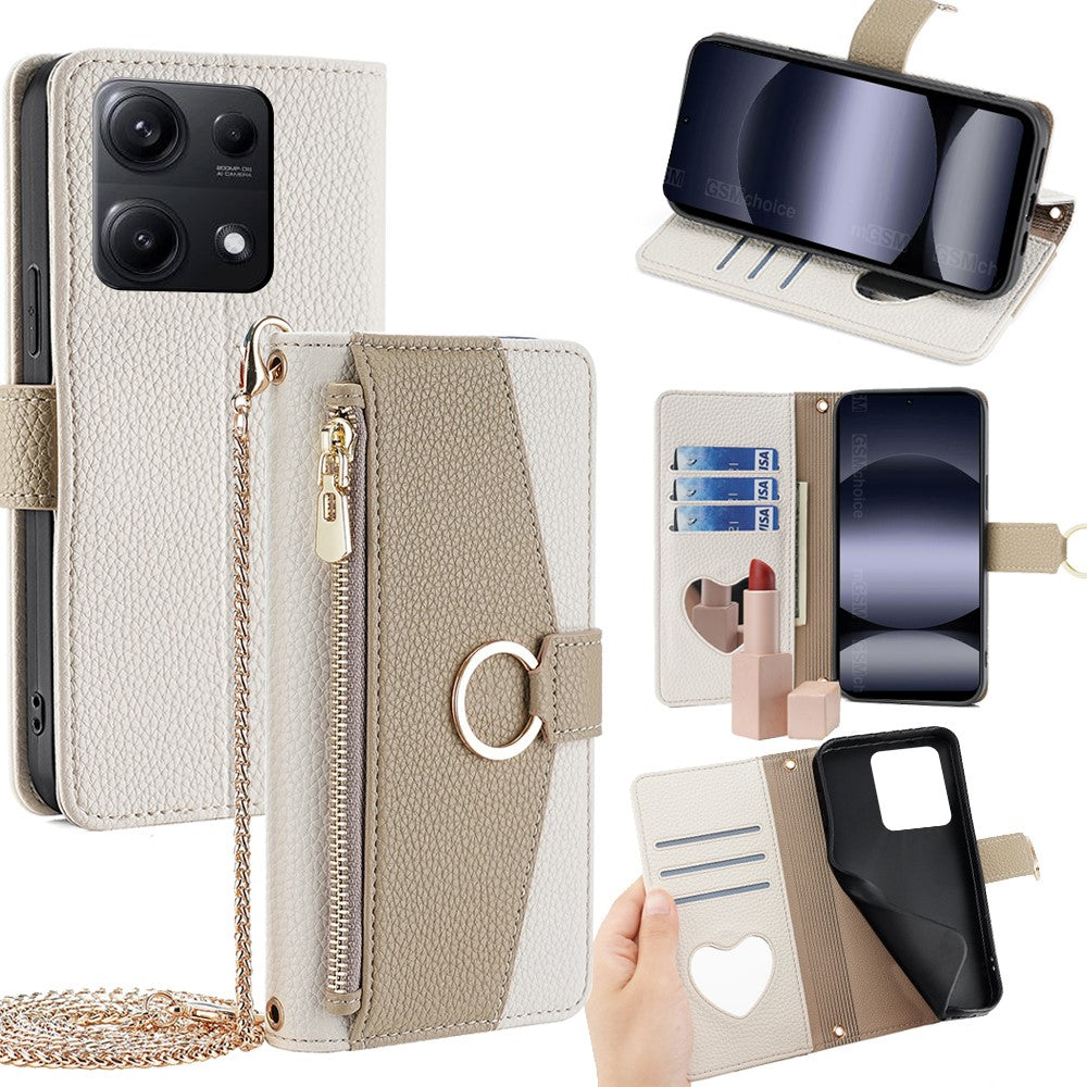 For Xiaomi Redmi Note 14S 4G Case Mirror Wallet Leather Phone Cover with Chain Shoulder Strap