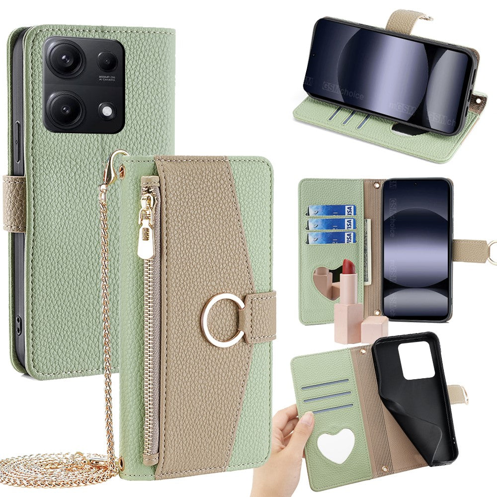 For Xiaomi Redmi Note 14S 4G Case Mirror Wallet Leather Phone Cover with Chain Shoulder Strap