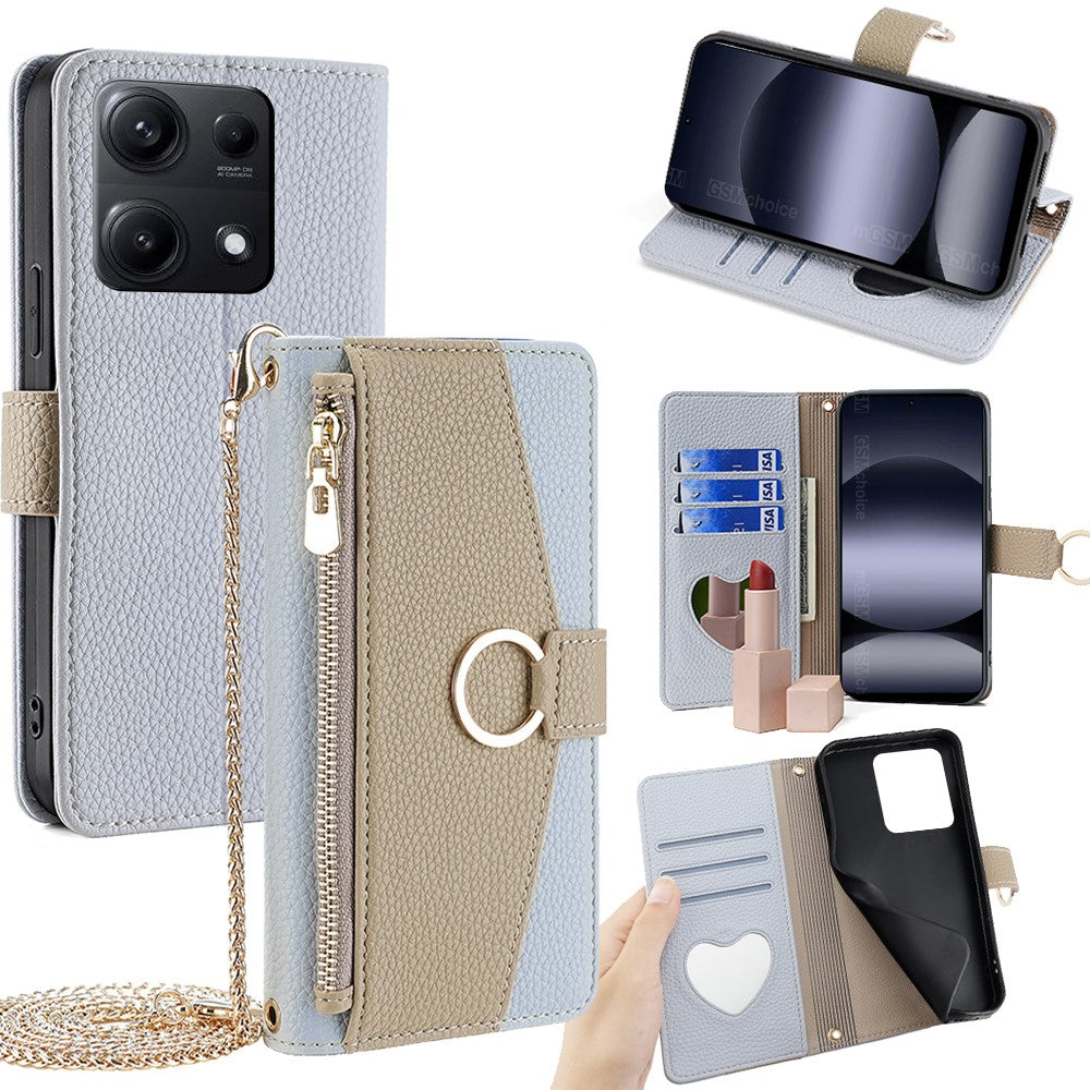 For Xiaomi Redmi Note 14S 4G Case Mirror Wallet Leather Phone Cover with Chain Shoulder Strap