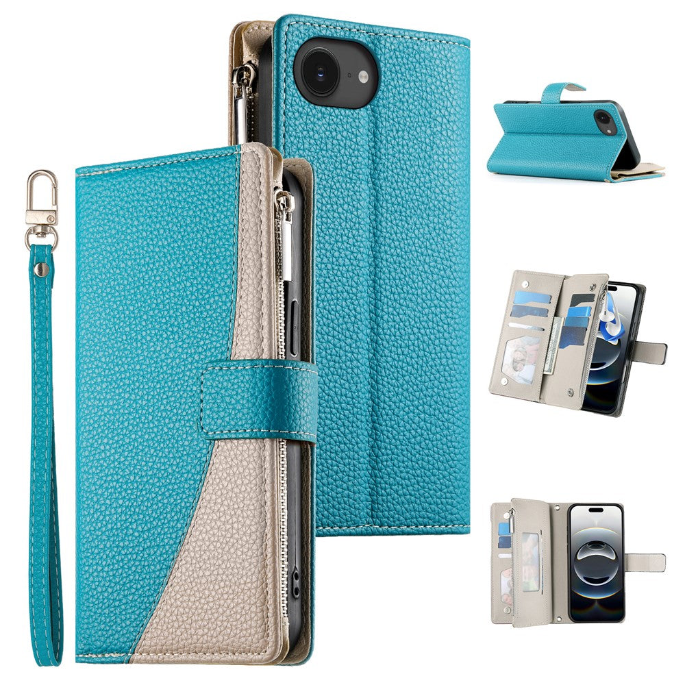 For iPhone 17e / 16e Case Zipper Pocket Wallet Color Splicing Leather Flip Phone Cover with Straps
