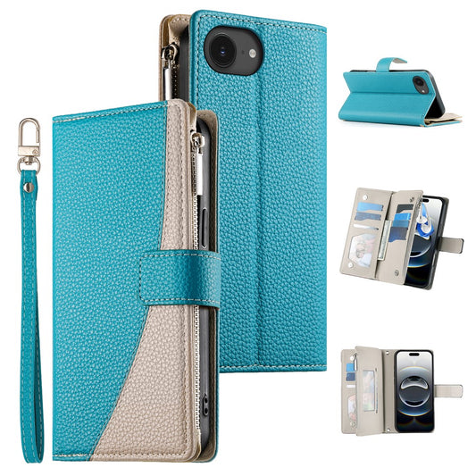 For iPhone 17e / 16e Case Zipper Pocket Wallet Color Splicing Leather Flip Phone Cover with Straps