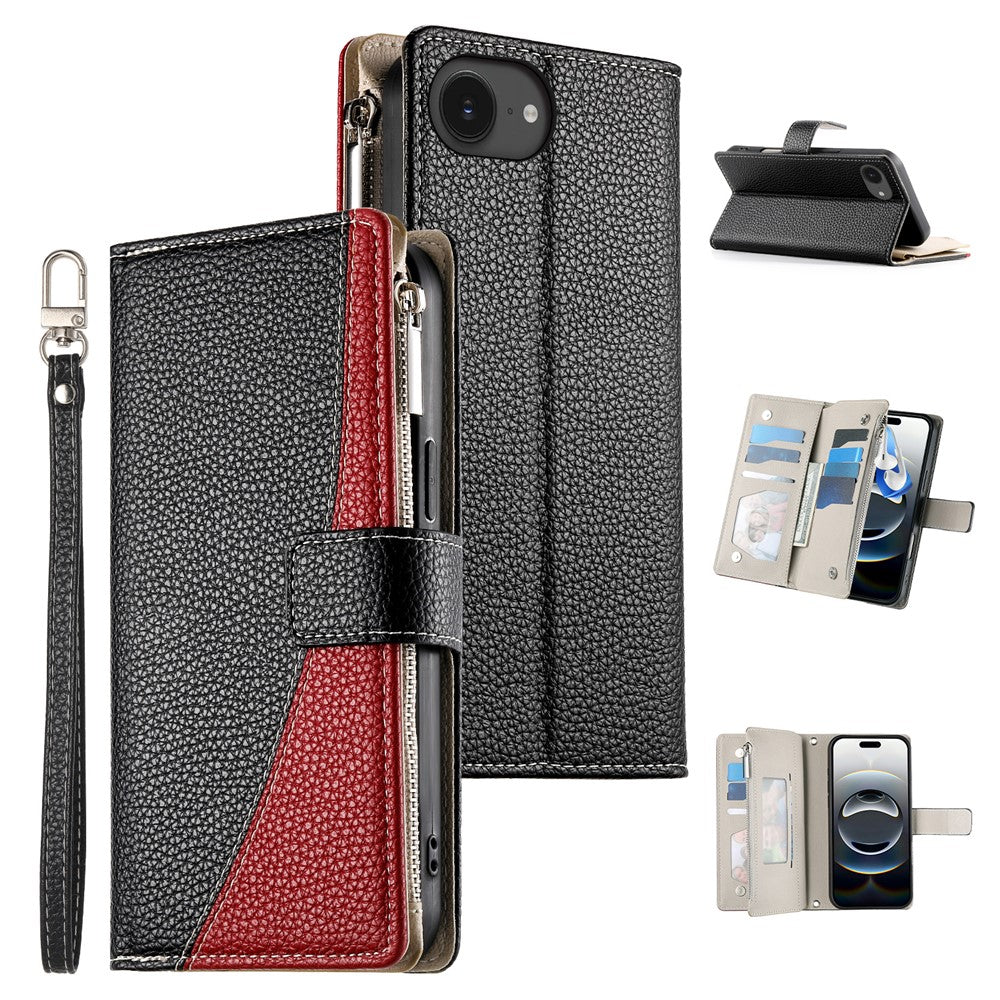 For iPhone 17e / 16e Case Zipper Pocket Wallet Color Splicing Leather Flip Phone Cover with Straps
