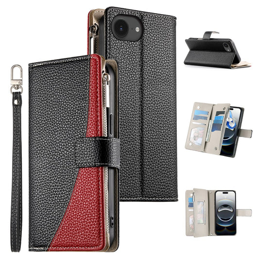 For iPhone 17e / 16e Case Zipper Pocket Wallet Color Splicing Leather Flip Phone Cover with Straps