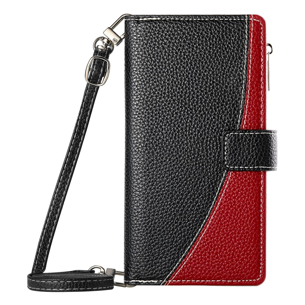 For iPhone 17e / 16e Case Zipper Pocket Wallet Color Splicing Leather Flip Phone Cover with Straps