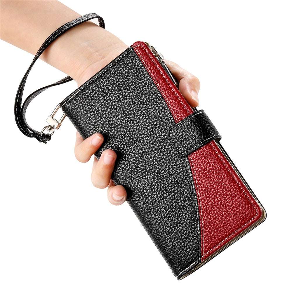 For iPhone 17e / 16e Case Zipper Pocket Wallet Color Splicing Leather Flip Phone Cover with Straps