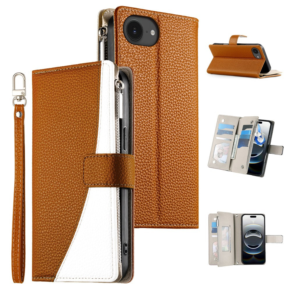 For iPhone 17e / 16e Case Zipper Pocket Wallet Color Splicing Leather Flip Phone Cover with Straps