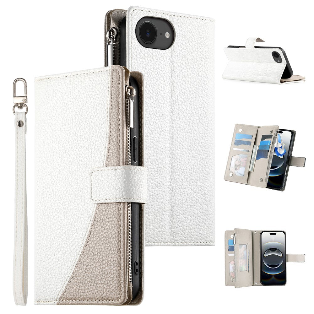 For iPhone 17e / 16e Case Zipper Pocket Wallet Color Splicing Leather Flip Phone Cover with Straps