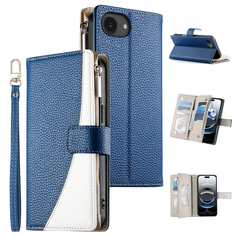 For iPhone 17e / 16e Case Zipper Pocket Wallet Color Splicing Leather Flip Phone Cover with Straps