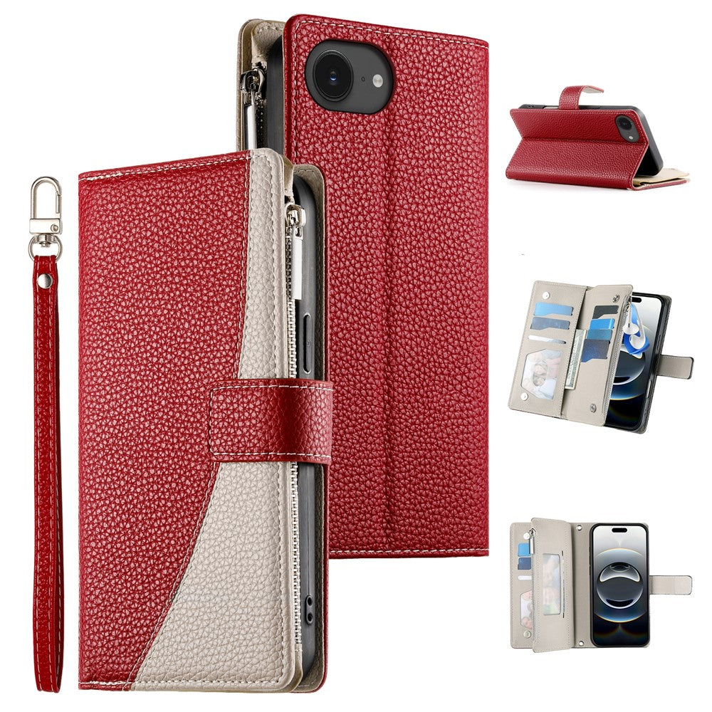 For iPhone 17e / 16e Case Zipper Pocket Wallet Color Splicing Leather Flip Phone Cover with Straps