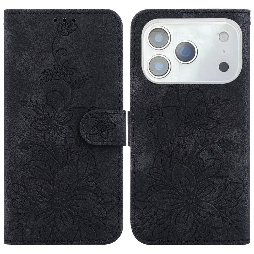 For iPhone 18 Pro / 17 Pro Stand Case Lily Flower Imprint Leather Phone Cover with Wrist Strap