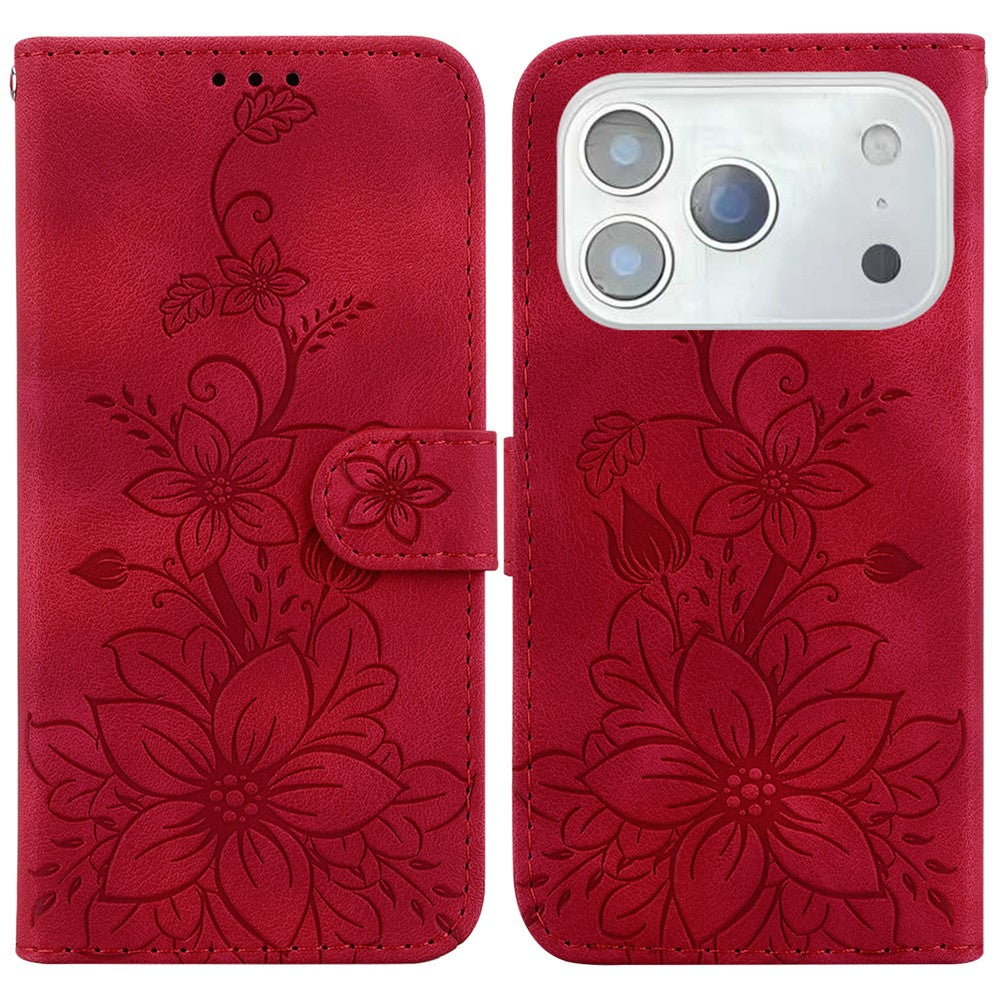 For iPhone 18 Pro / 17 Pro Stand Case Lily Flower Imprint Leather Phone Cover with Wrist Strap