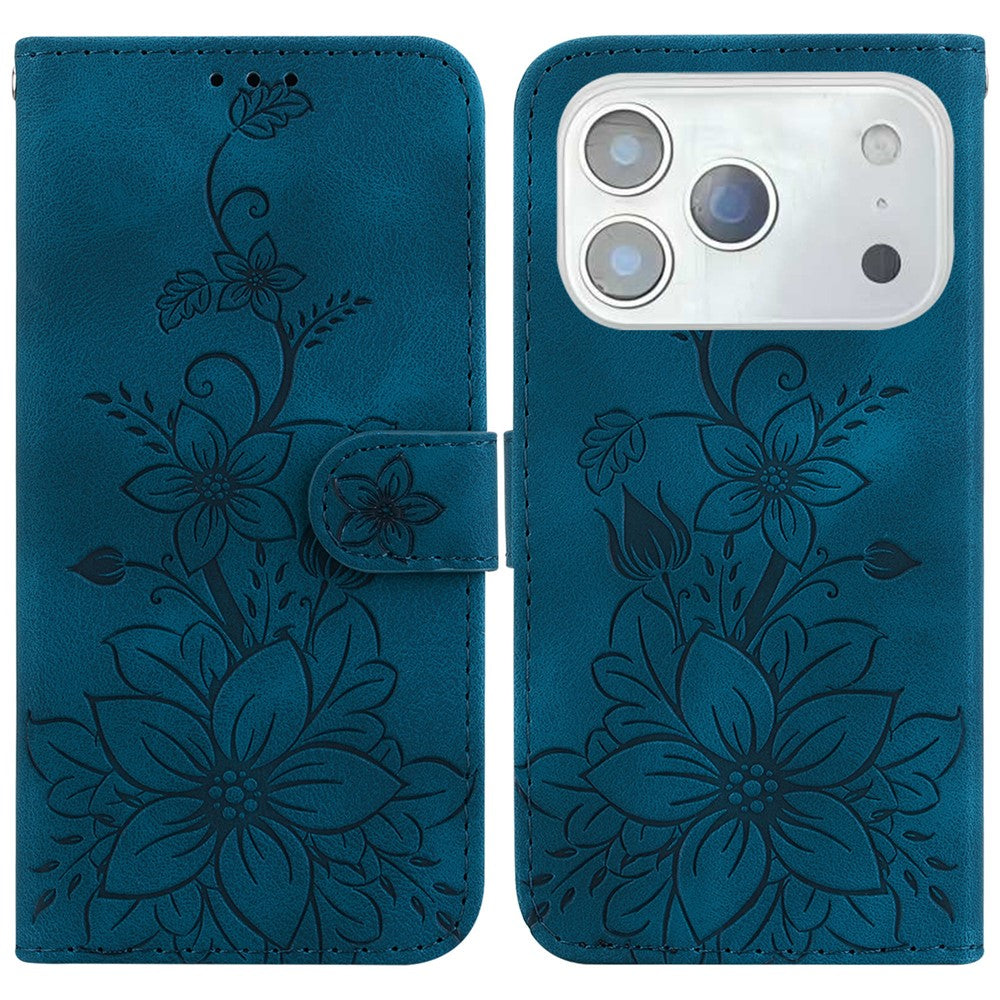 For iPhone 18 Pro / 17 Pro Stand Case Lily Flower Imprint Leather Phone Cover with Wrist Strap