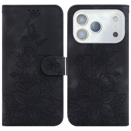 For iPhone 18 Pro Max / 17 Pro Max Stand Case Lily Flower Imprint Leather Phone Cover with Wrist Strap