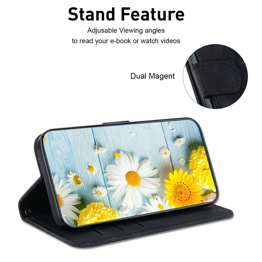 For iPhone 18 Pro Max / 17 Pro Max Stand Case Lily Flower Imprint Leather Phone Cover with Wrist Strap