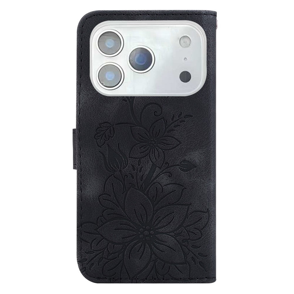 For iPhone 18 Pro Max / 17 Pro Max Stand Case Lily Flower Imprint Leather Phone Cover with Wrist Strap