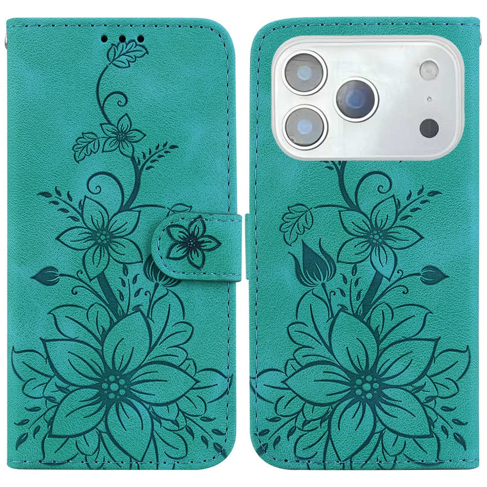 For iPhone 18 Pro Max / 17 Pro Max Stand Case Lily Flower Imprint Leather Phone Cover with Wrist Strap