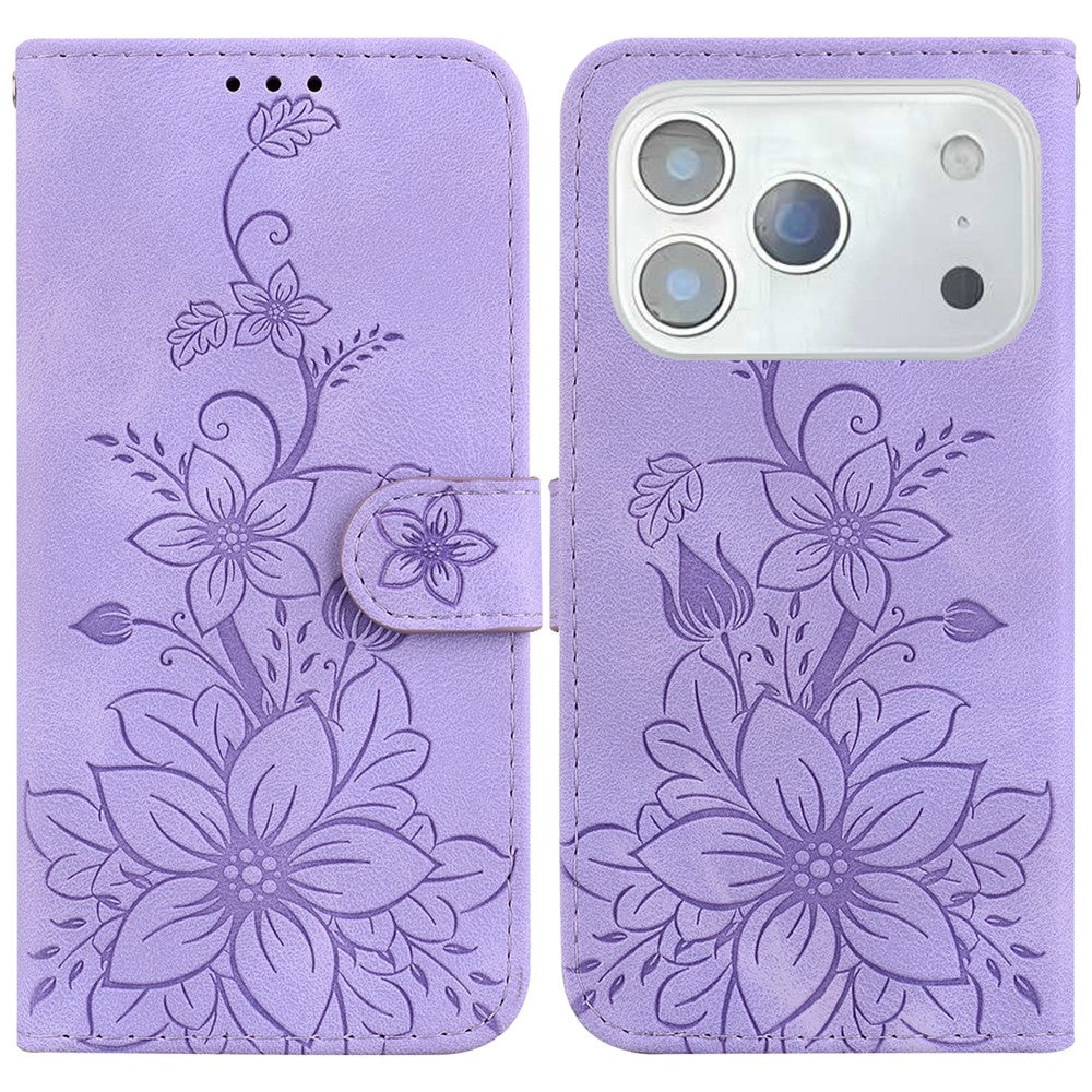 For iPhone 18 Pro Max / 17 Pro Max Stand Case Lily Flower Imprint Leather Phone Cover with Wrist Strap