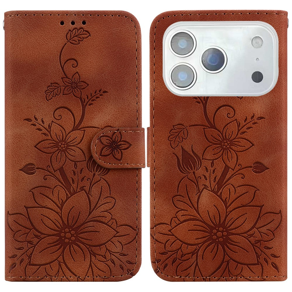 For iPhone 18 Pro Max / 17 Pro Max Stand Case Lily Flower Imprint Leather Phone Cover with Wrist Strap