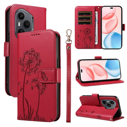 Honor 400 Pro 5G (Global) Handyhülle – Leder-Geldbörsen- mit Riemen, Löwenzahn-Aufdruck, Telefon-Ständer-Abdeckung
