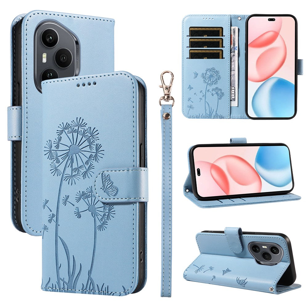 For Honor 400 Pro 5G (Global) Leather Wallet Case with Strap Dandelion Imprint Phone Stand Cover