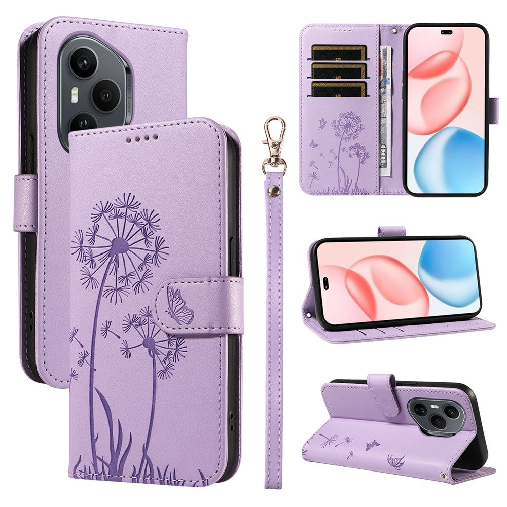 For Honor 400 Pro 5G (Global) Leather Wallet Case with Strap Dandelion Imprint Phone Stand Cover