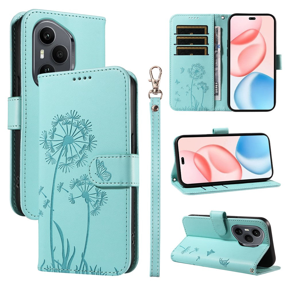 For Honor 400 Pro 5G (Global) Leather Wallet Case with Strap Dandelion Imprint Phone Stand Cover