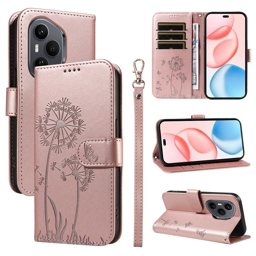 For Honor 400 Pro 5G (Global) Leather Wallet Case with Strap Dandelion Imprint Phone Stand Cover