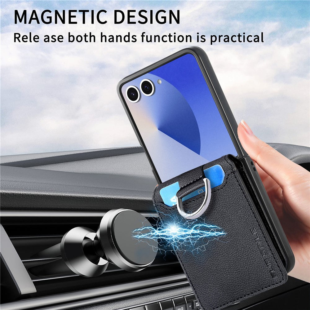 For Samsung Galaxy Z Flip7 5G Case Card Holder Kickstand PU + PC Phone Cover with Finger Ring