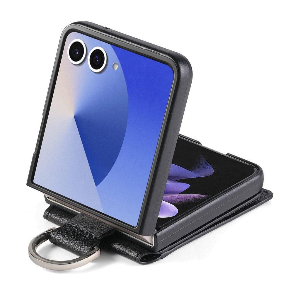 For Samsung Galaxy Z Flip7 5G Case Card Holder Kickstand PU + PC Phone Cover with Finger Ring