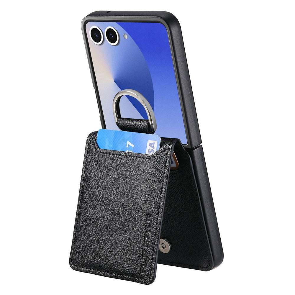 For Samsung Galaxy Z Flip7 5G Case Card Holder Kickstand PU + PC Phone Cover with Finger Ring