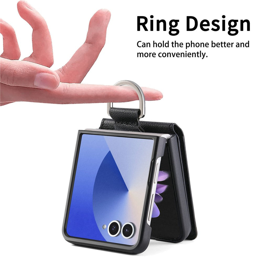 For Samsung Galaxy Z Flip7 5G Case Card Holder Kickstand PU + PC Phone Cover with Finger Ring