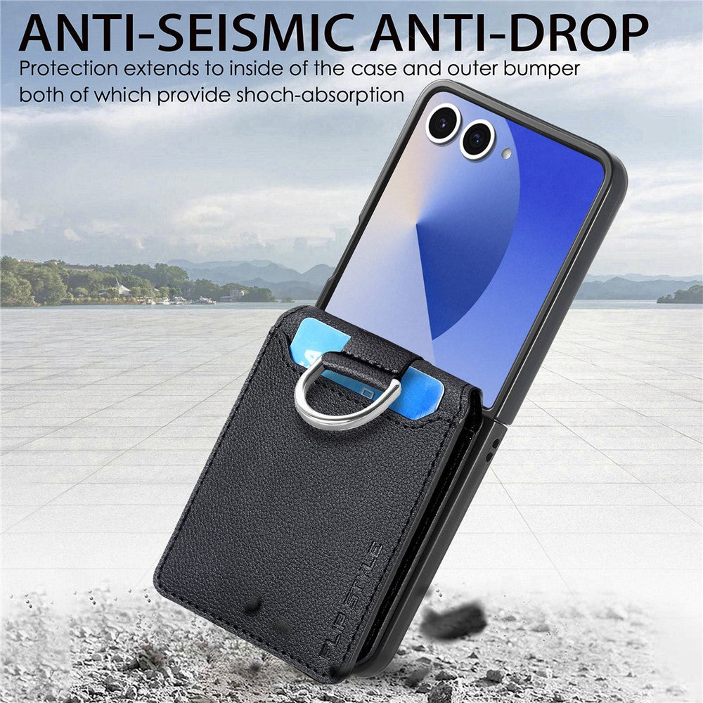 For Samsung Galaxy Z Flip7 5G Case Card Holder Kickstand PU + PC Phone Cover with Finger Ring