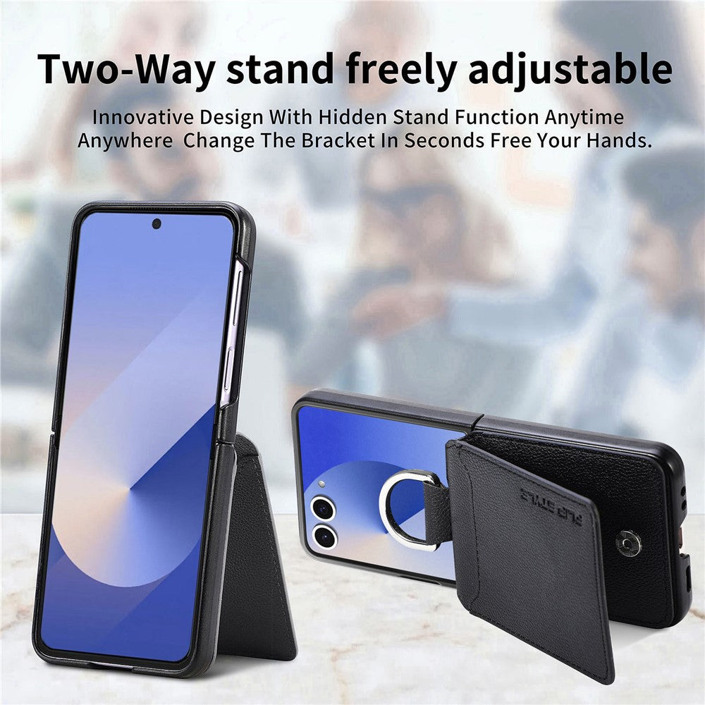 For Samsung Galaxy Z Flip7 5G Case Card Holder Kickstand PU + PC Phone Cover with Finger Ring