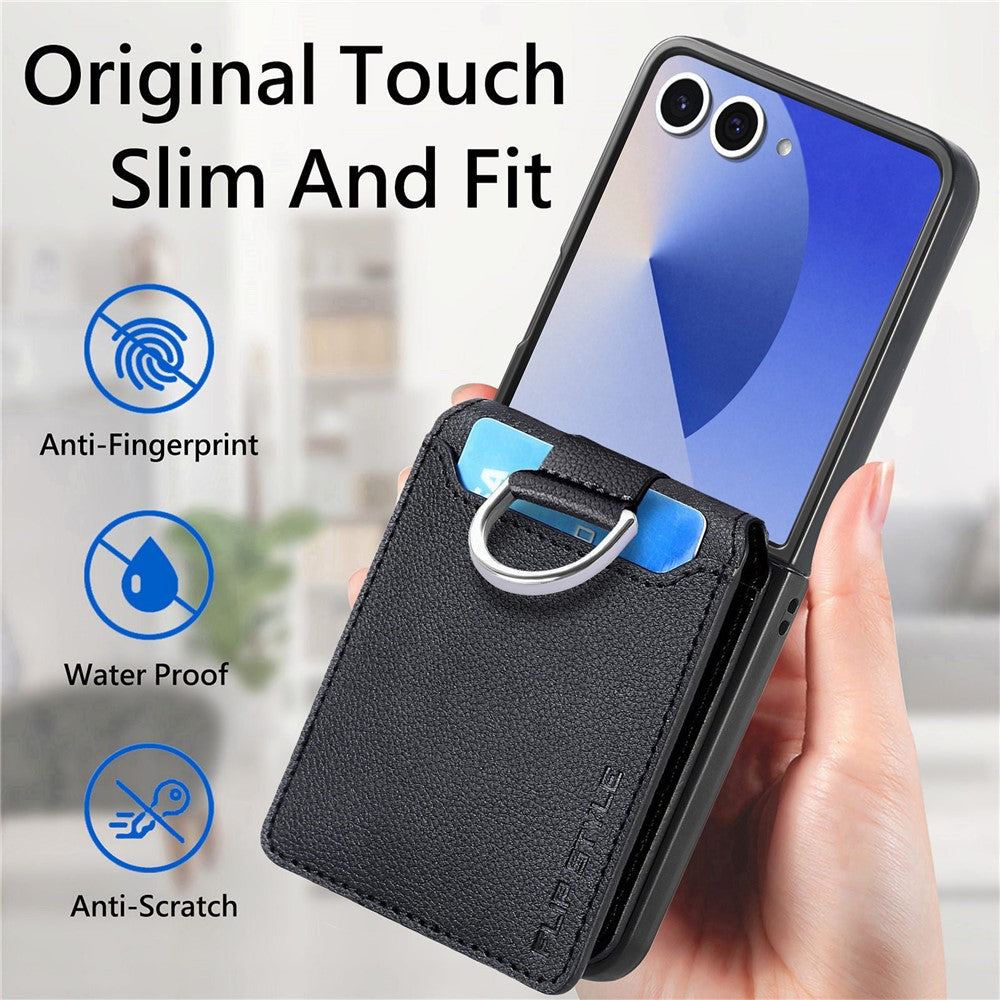 For Samsung Galaxy Z Flip7 5G Case Card Holder Kickstand PU + PC Phone Cover with Finger Ring