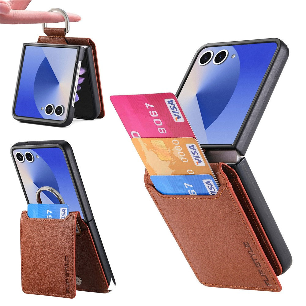 For Samsung Galaxy Z Flip7 5G Case Card Holder Kickstand PU + PC Phone Cover with Finger Ring