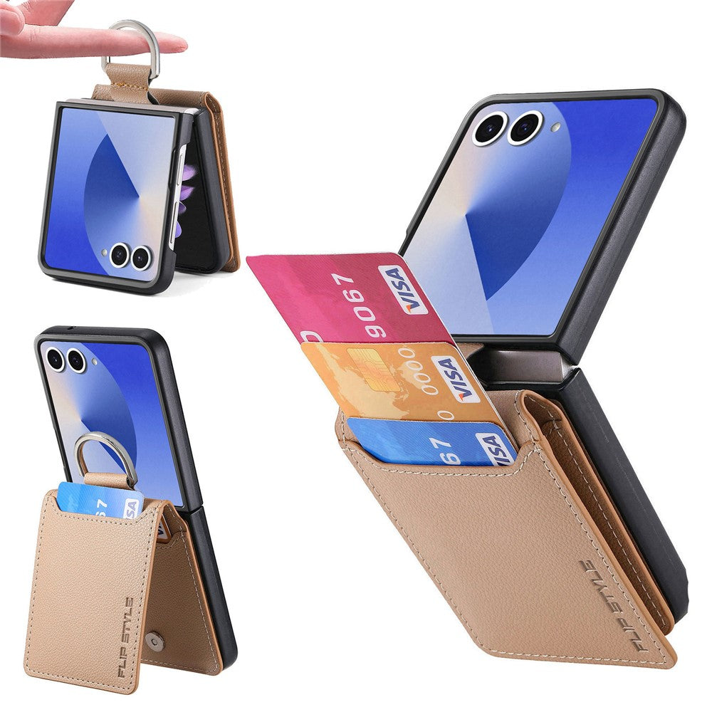 For Samsung Galaxy Z Flip7 5G Case Card Holder Kickstand PU + PC Phone Cover with Finger Ring