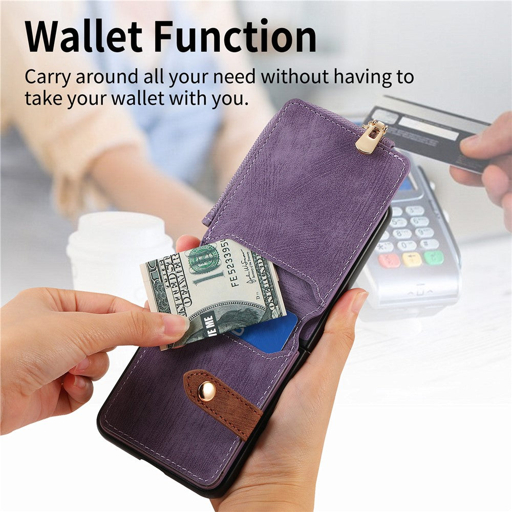For Samsung Galaxy Z Flip7 5G Case Zipper Pocket Card Holder Retro Texture Leather Back Cover