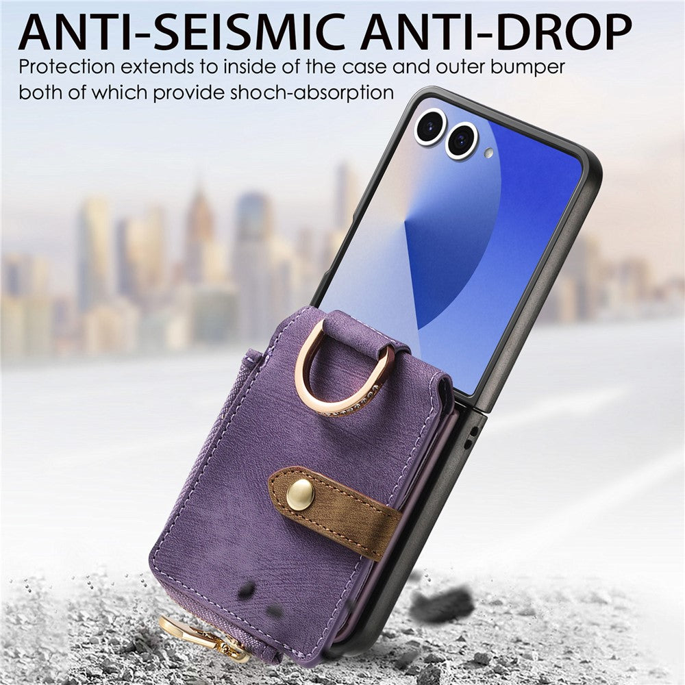 For Samsung Galaxy Z Flip7 5G Case Zipper Pocket Card Holder Retro Texture Leather Back Cover