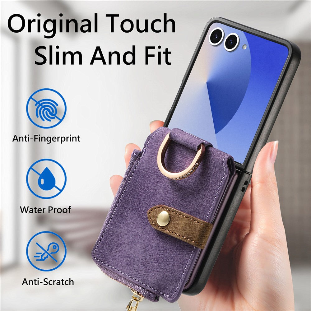 For Samsung Galaxy Z Flip7 5G Case Zipper Pocket Card Holder Retro Texture Leather Back Cover