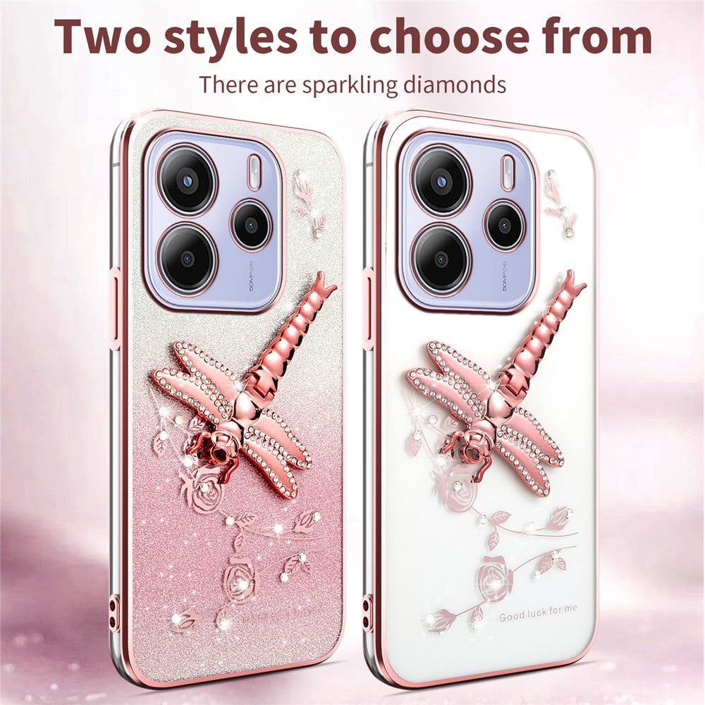 KADEM For Xiaomi Redmi Note 14 5G Case Dragonfly Kickstand TPU Flowers Glitter Phone Cover